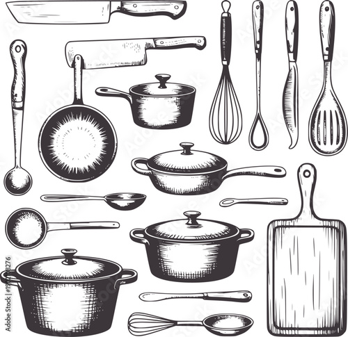 Monochromatic of various kitchen utensils and cookware pots