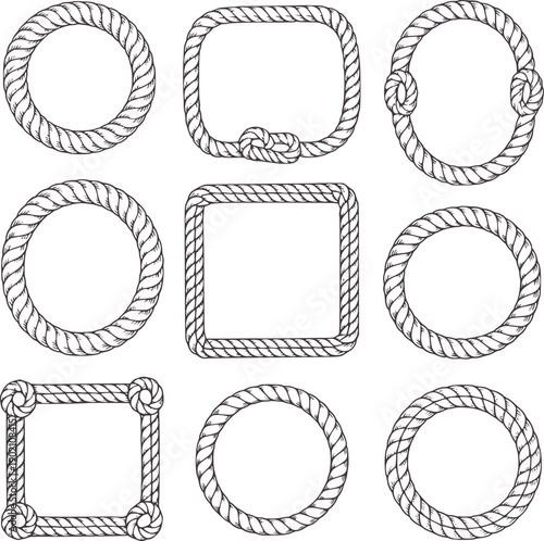 Nine twisted rope frames in circular square and rounded rectangular shapes
