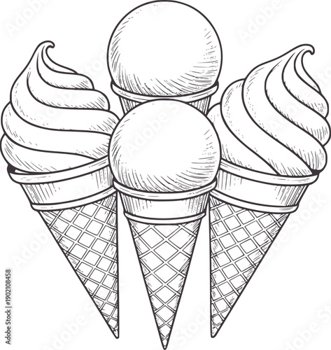 Pencil of three stacked ice cream cones with swirl and scoop icecream waffle