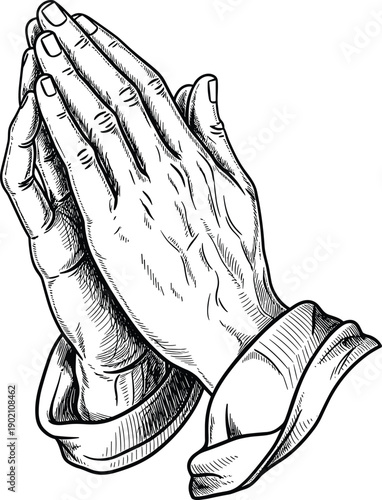 Black praying hands silhouette vector illustration, religious gesture of reverence, spirituality symbol, faith devotion art, worship design element