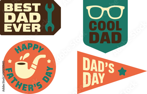 Retro inspired Fathers Day badges collection, featuring vintage style emblems and cheerful dad greetings