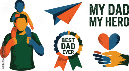 Pop art Fathers Day illustrations with father and child, paper airplane, Best Dad Ever rosette