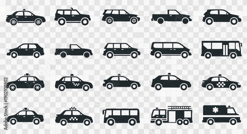 Collection of Various Vehicle Silhouettes on Transparent Background.
