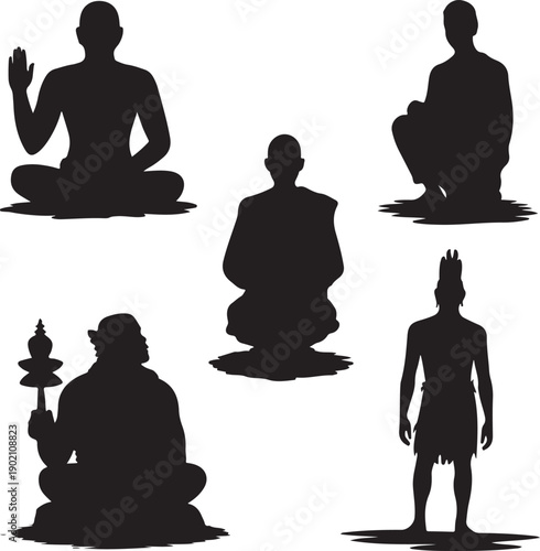 Silhouettes of people in various sitting and standing yoga meditation poses