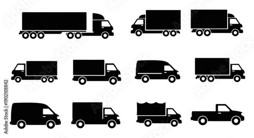 Collection of Various Truck Silhouettes for Transportation and Logistics.