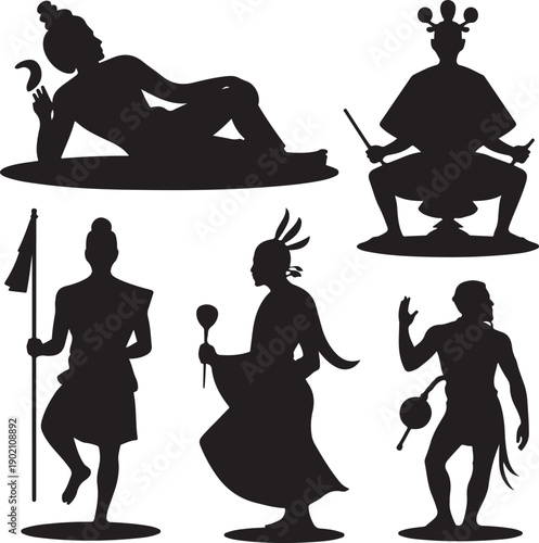Silhouettes of people in various traditional dance poses and attire