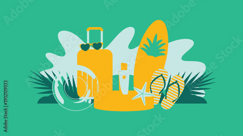 Summer vacation flat graphic illustration displaying tropical beach travel essentials including surfboard, suitcase, and flip flops
