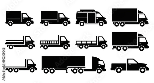 Collection of Various Truck Silhouettes Vector Illustration.