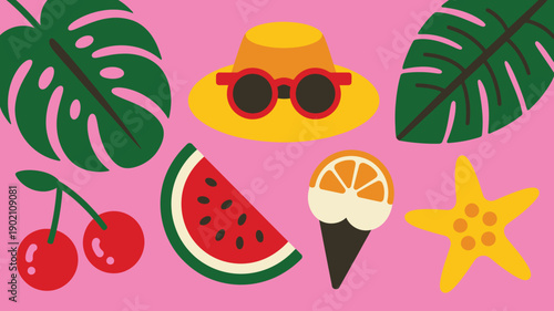 Summer vacation flat lay elements, tropical beach holiday items, graphic collection, pink background design