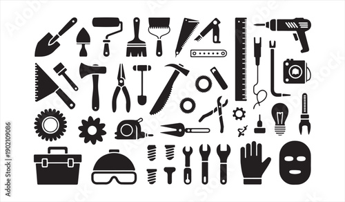 Black hand tools icon set silhouette for construction and repair