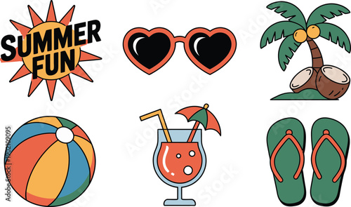 Summer vacation icons set with beach elements, travel, holiday, and recreational objects vector illustration