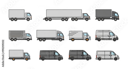 Collection of Various Trucks and Vans Vector Illustrations.