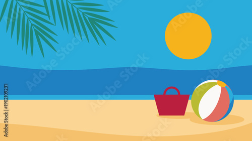 Sunny beach scene with colorful beach ball, red bag, ocean, and tropical palm fronds