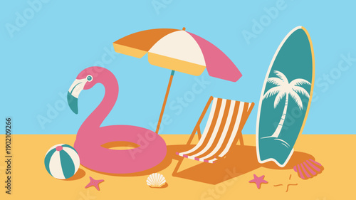 Sunny beach vacation items with pink flamingo float, striped chair, colorful umbrella, surfboard