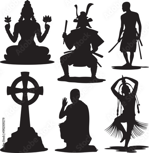 silhouettes of various cultural and religious figures and symbols