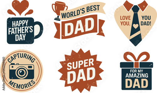 Vintage Fathers Day vector badges, rustic brown and blue collection, mug, camera, shirt, gift box