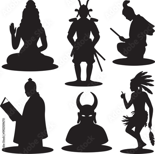 Silhouettes of various cultural figures from around the world in black
