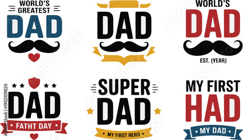 Worlds Greatest Dad, Super Dad, My First Hero Fathers Day badge collection, mustache and ribbon themed labels