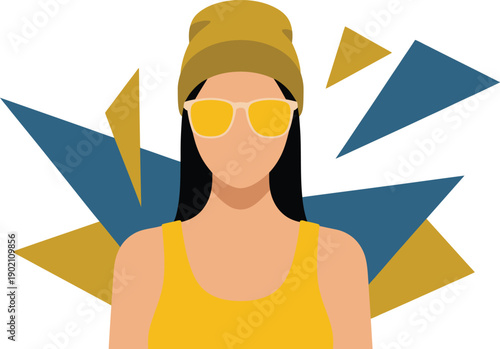 Young woman with yellow beanie and sunglasses, summer fashion portrait, geometric background, cool casual style