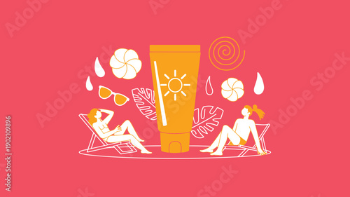 Women sunbathing summer holiday relaxation with large sunscreen bottle minimalist line illustration