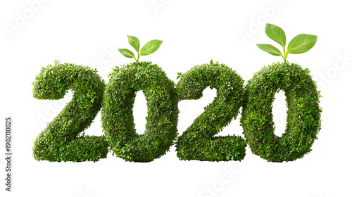 Green 2020 with Sprouting Leaves on White Background