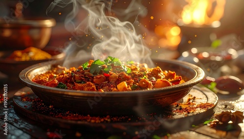 A captivating bowl of intensely flavorful and steaming curry, brimming with spices and fresh herbs, offering a comforting and inviting culinary experience