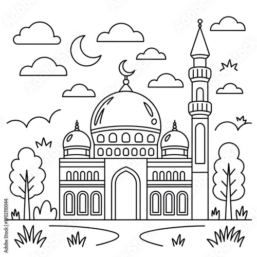 vector illustration of mosque coloring page line art