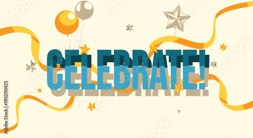 Celebration banner with blue text and gold confetti, for party or event promotion, overlay effect, vector