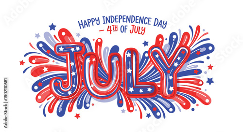 4th of July typographic illustration with fireworks, Happy Independence Day text, red white and blue vector design, for banner or poster or social media