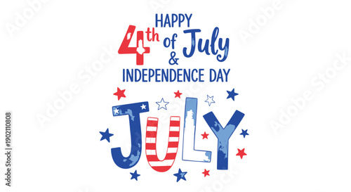 Happy 4th of July Independence Day text with stars and stripes, patriotic typography, for banner or poster or social media