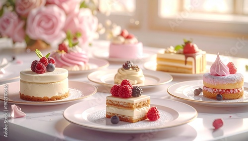A delightful assortment of exquisite small cakes and pastries arranged elegantly on white plates, showcasing vibrant berries and delicate toppings on a marble surface