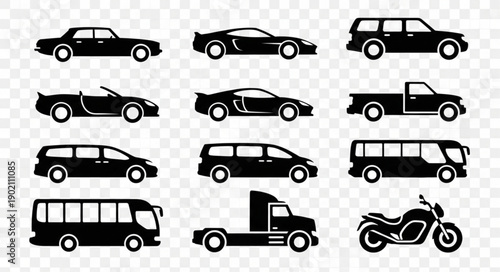 Collection of Various Vehicle Silhouettes on Transparent Background.