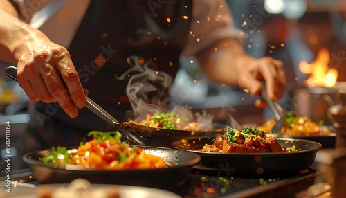Chef prepares delicious meal in a restaurant kitchen with steam rising from pan and flames in background