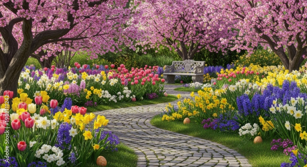 Fototapeta premium Spring garden blooming with colorful flowers and path