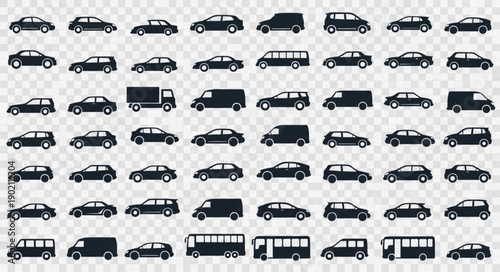 Collection of Various Vehicle Silhouettes on Transparent Background.