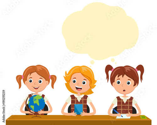 A girl at School, thinking. The girl came up with it. homework. A happy student. The student is smart. The bubble. A happy student. The student is smart.