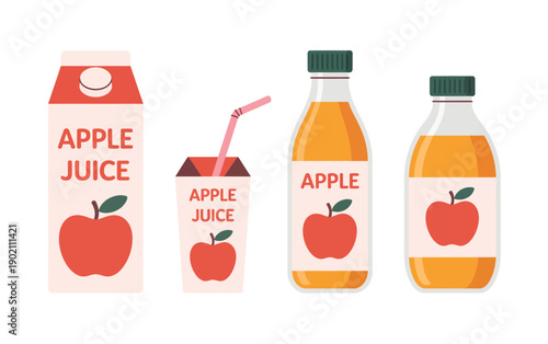Apple Juice Packaging Vector Showing Carton, Bottle, Box, and Drink Pack, Fresh Fruit Beverage Design for Product Branding, Menu Layouts, and Commercial Packaging.
