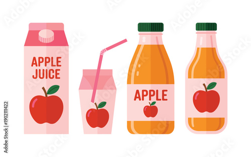 Apple Juice Packaging Vector Showing Carton, Bottle, Box, and Drink Pack, Fresh Fruit Beverage Design for Product Branding, Menu Layouts, and Commercial Packaging.