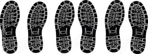 Black shoe sole print vector illustration, walking footprint silhouettes with geometric tread patterns, forensic tracking movement design art elements