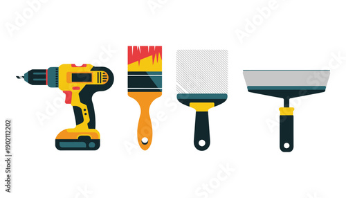 Set of Paint and Repair Tool Illustrations, Flat Cartoon Style Vector Featuring Paint Brush, Putty Knife, Spatula, Electric Screwdriver and Spackling Instruments Isolated on White Background for Desig
