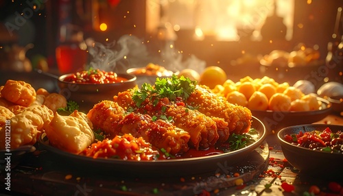 A delicious culinary concept golden-fried appetizers and savory sauces in a warm, inviting setting, perfect for a festive, memorable dining experience