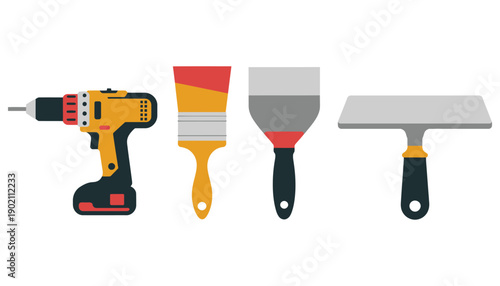 Set of Paint and Repair Tool Illustrations, Flat Cartoon Style Vector Featuring Paint Brush, Putty Knife, Spatula, Electric Screwdriver and Spackling Instruments Isolated on White Background for Desig