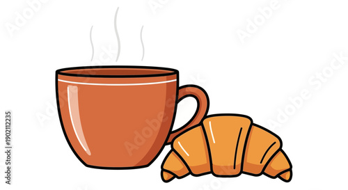 Steaming cup of coffee with delicious croissant on side