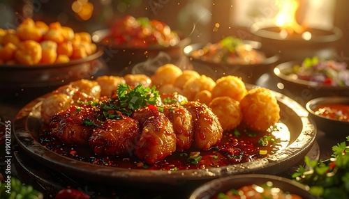 A steaming, vibrant culinary display of richly sauced savory meatballs and crispy golden side dishes, offering an authentic and heartwarming traditional meal experience