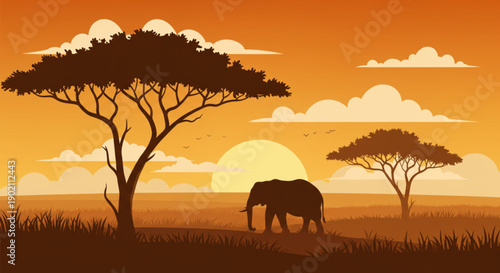 An elephant walks in the african savanna sunset