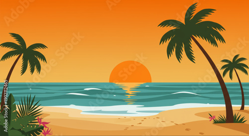 Sunset over the ocean with palm trees
