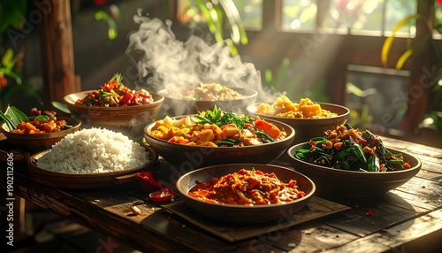 A vibrant, aromatic Asian food spread diverse curries, fragrant rice, fresh ingredients, arranged on rustic wooden table, bathed in warm natural light