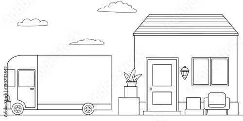Moving house graphic black white sketch illustration vector