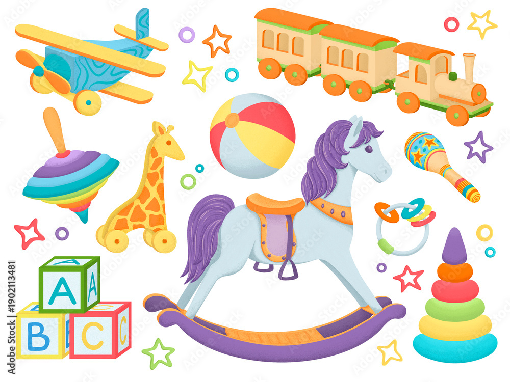 Obraz premium Cute hand drawn set of stickers with baby toys rocking horse, train, airplane, ball, blocks, giraffe and rattles. Nursery illustration, clip art, perfect for cards, stickers, home decoration