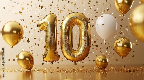 Golden Number 10th Balloons with Confetti and Balloons